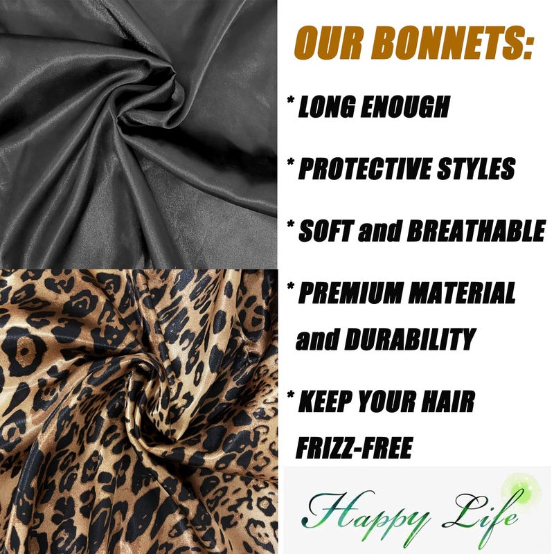 Wbfwbb 2 Pcs Hair Bonnets for Women Satin, Black Leopard Soft Elastic Band Silky Sleeping Cap Big Bonnets for Women Bonnet for Braids - Image 5